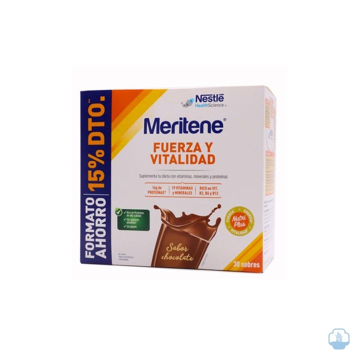 Comprar Meritene fuerza y vitalidad chocolate formato ahorro 15 % descuento  sobres - Parafarmacia online - Parafarmaciaweb
